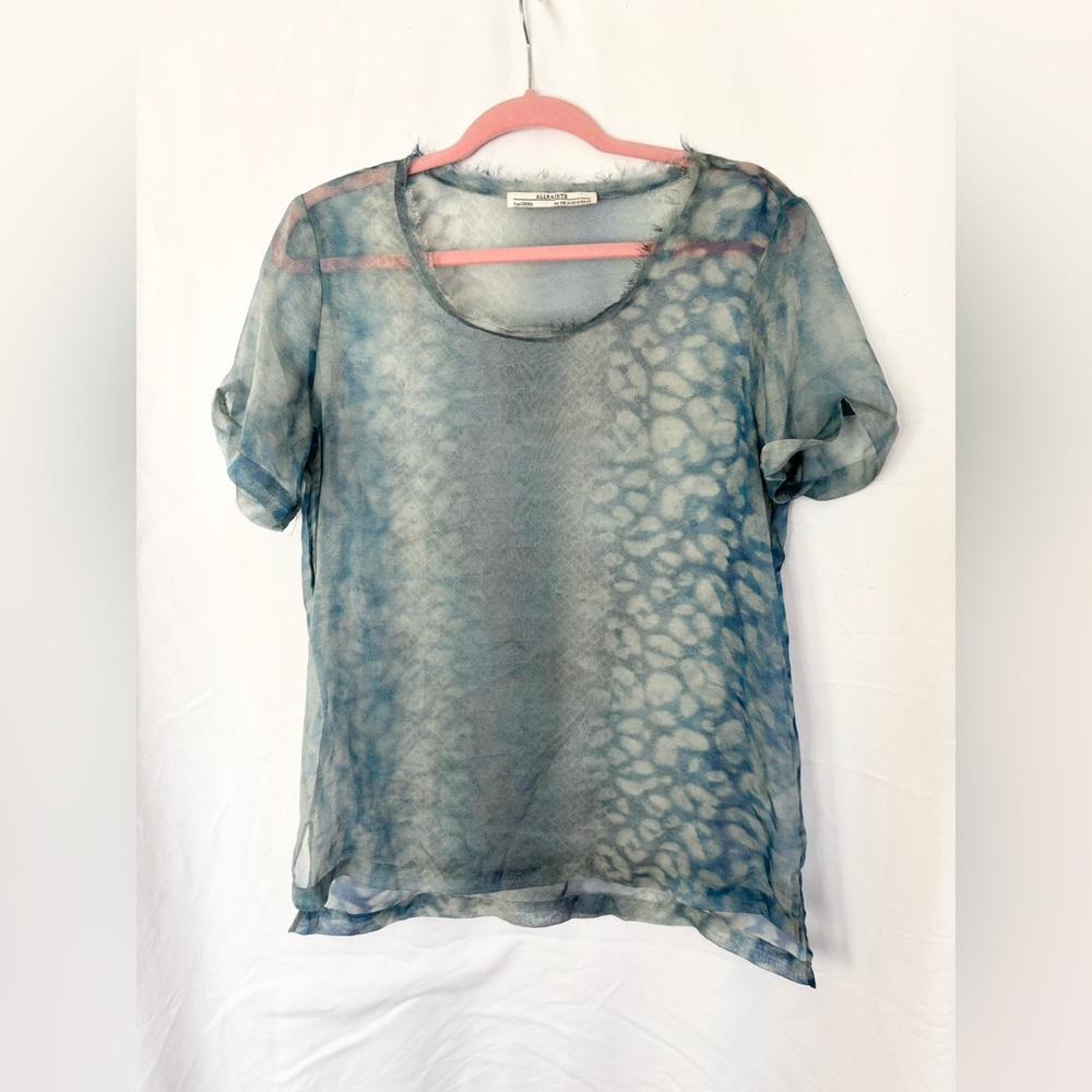 All Saints Blue Sheer cheetah print Blouse size 10